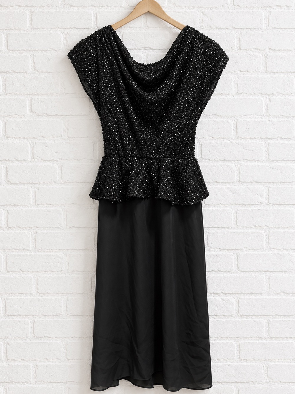Vintage Black Sparkle Peplum Midi Dress with Sheer Skirt & Cowl Neck
